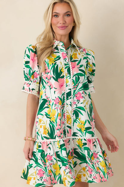 Prosperina Rayne Green & Pink Multi Floral Cotton Mini Dress