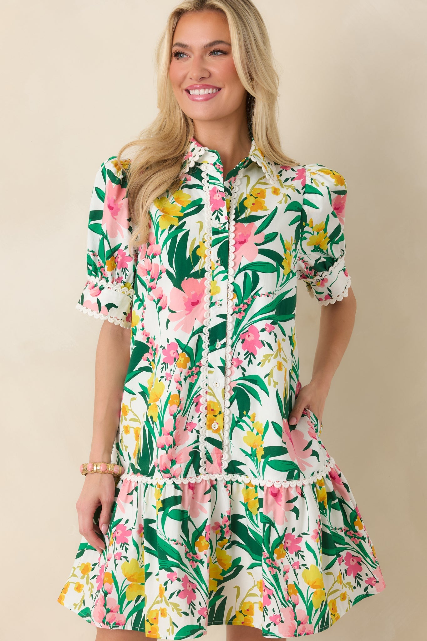Prosperina Rayne Green & Pink Multi Floral Cotton Mini Dress