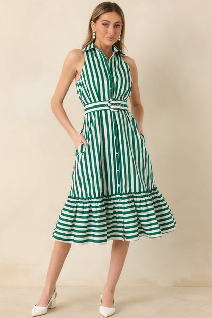 Prosperina Lourdes Green Stripe Cotton Sleeveless Midi Dress
