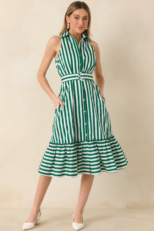 Prosperina Lourdes Green Stripe Cotton Sleeveless Midi Dress