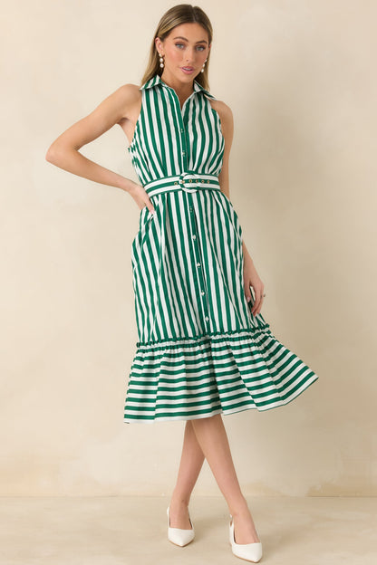 Prosperina Lourdes Green Stripe Cotton Sleeveless Midi Dress