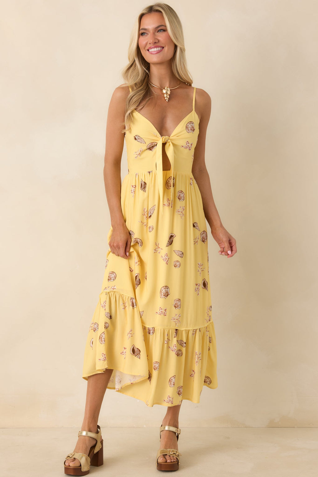 MINKPINK Marisol Yellow Seashell Print Front-Tie Midi Dress