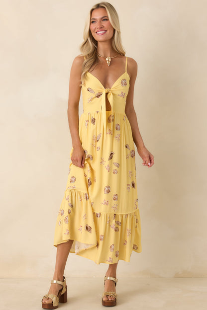 MINKPINK Marisol Yellow Seashell Print Front-Tie Midi Dress