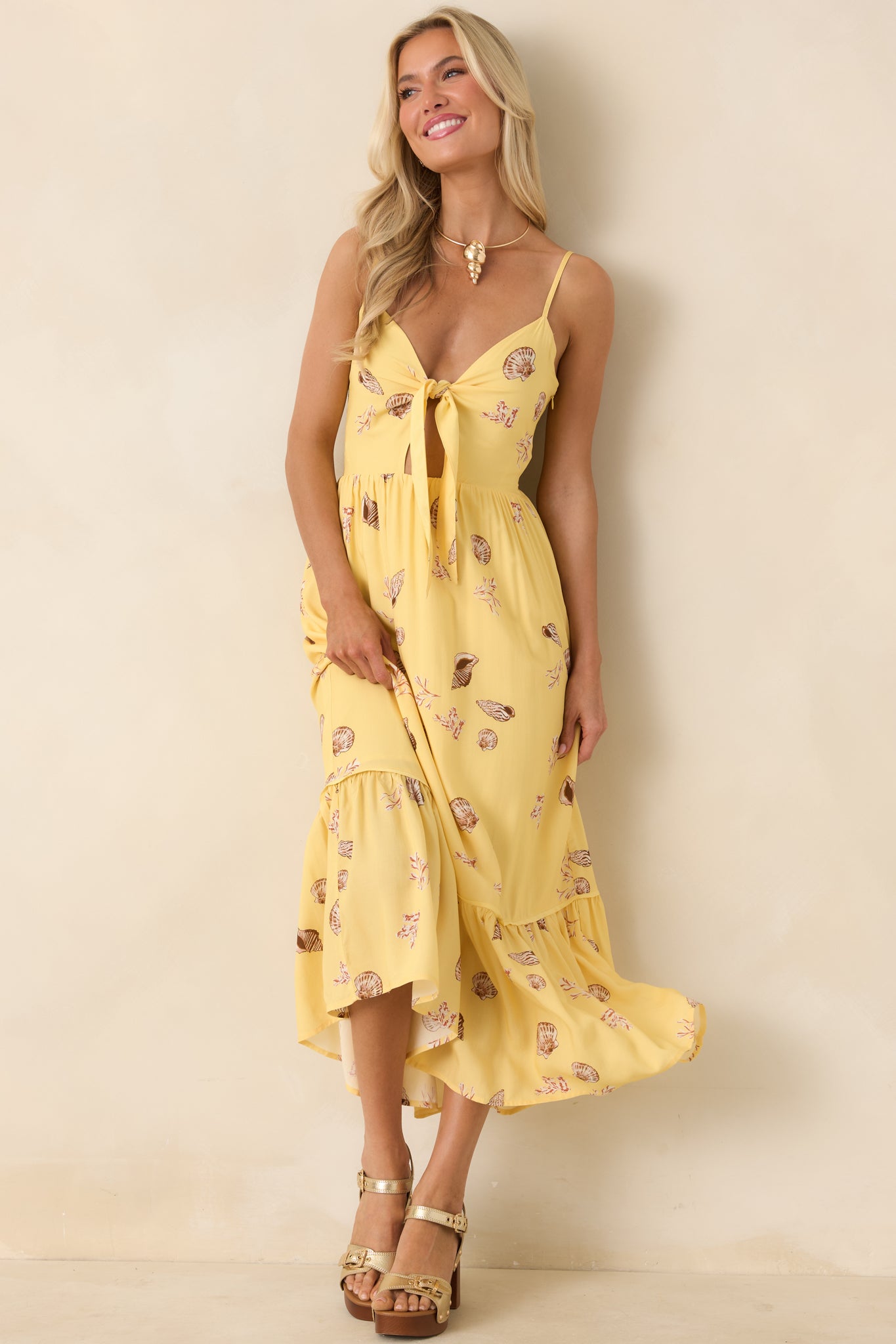 MINKPINK Marisol Yellow Seashell Print Front-Tie Midi Dress