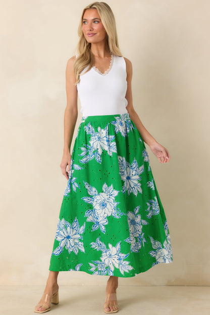 Just One of Those Days Green & White Floral Cotton Maxi Skirt