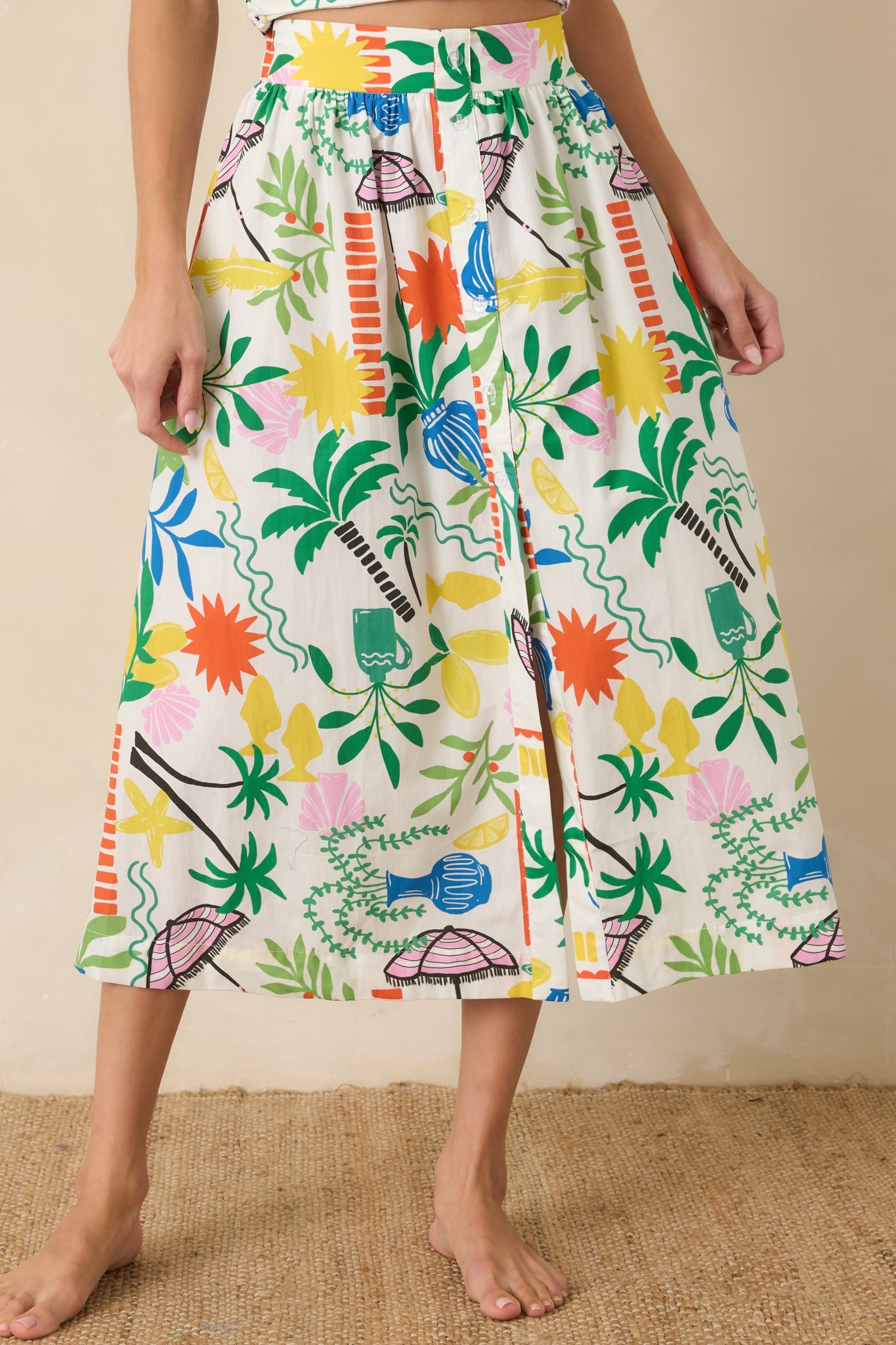 Paradisa Panama White Multi Cotton Coastal Resort Print Midi Skirt