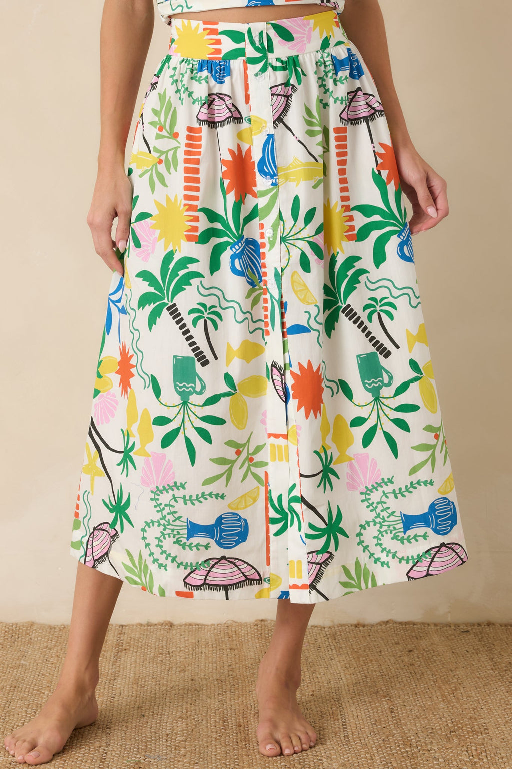 Paradisa Panama White Multi Cotton Coastal Resort Print Midi Skirt