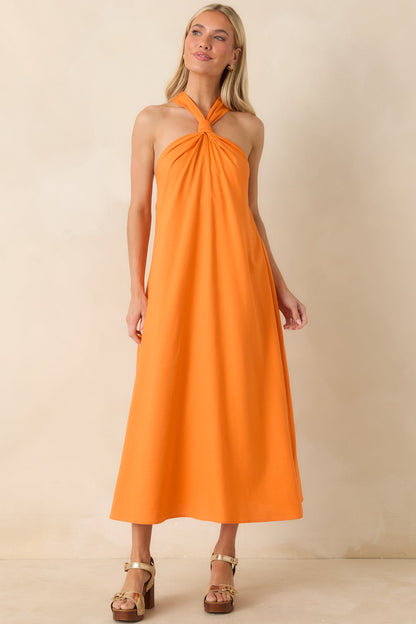 Citrus Kisses Orange Linen Blend Halter Midi Dress