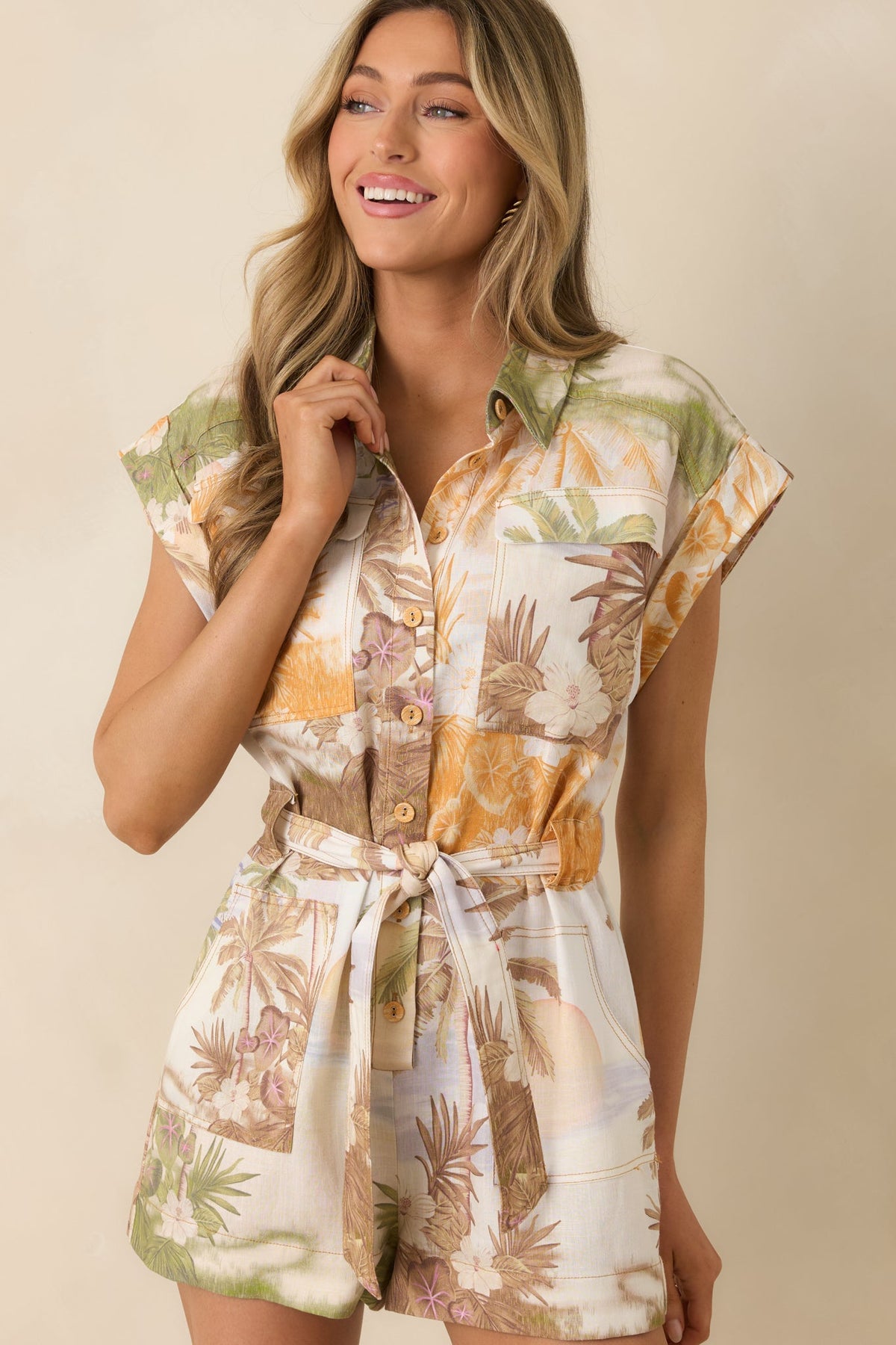 Aylaya Maya Multi Tropical Beach Print Belted Romper