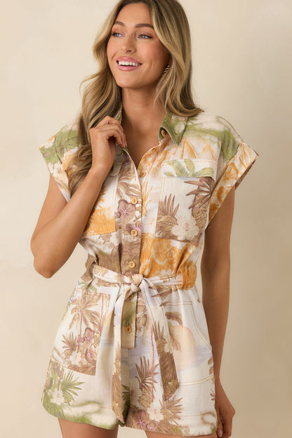 Aylaya Maya Multi Tropical Beach Print Belted Romper