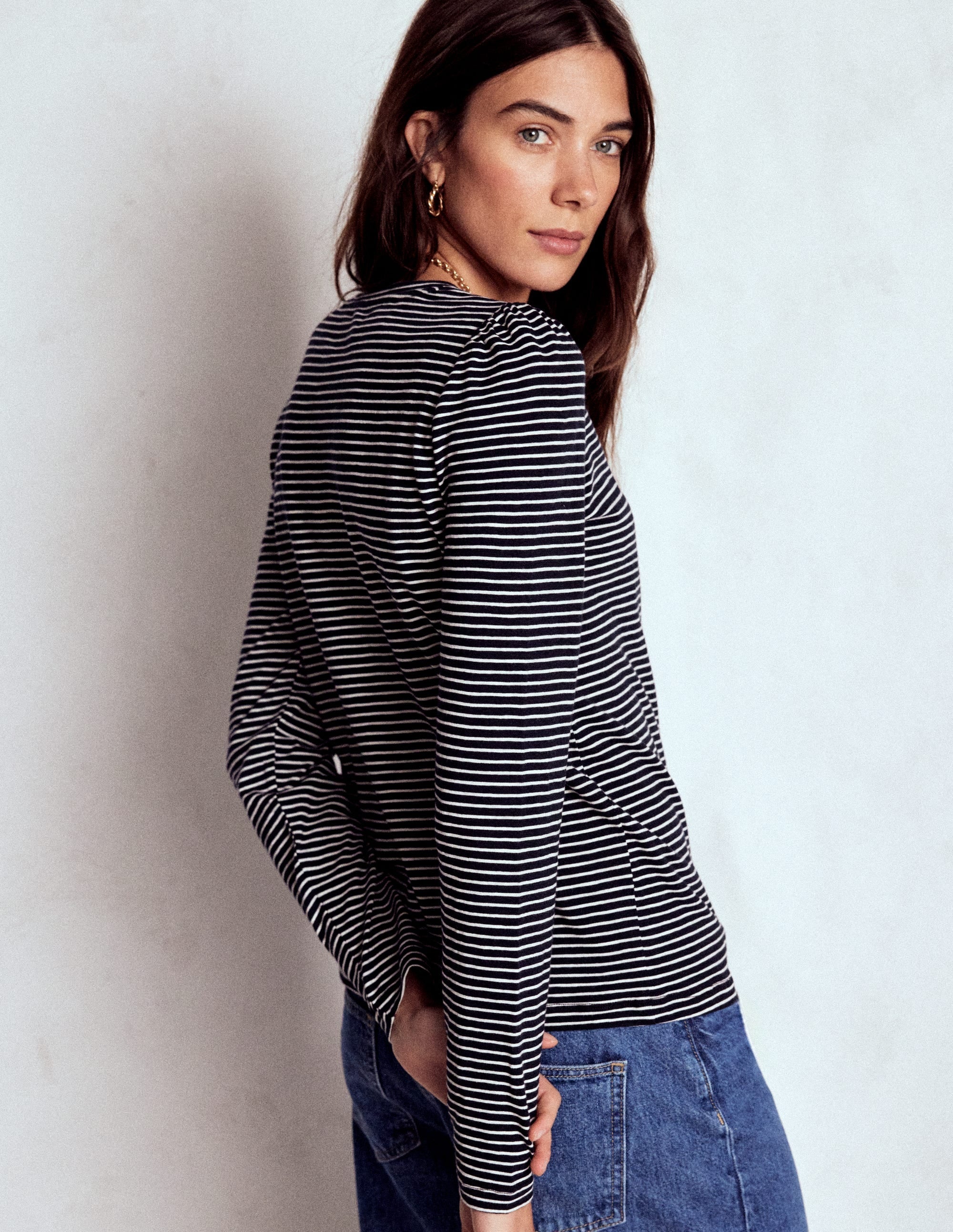 Cotton Crew Long Sleeve Top-Navy, Ivory Stripe
