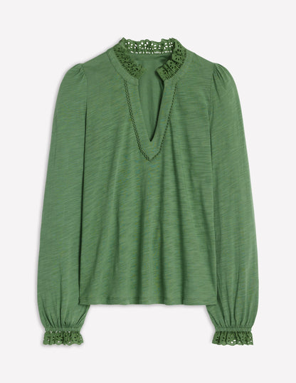 Aria Broderie Notch Neck Top-Newt Green