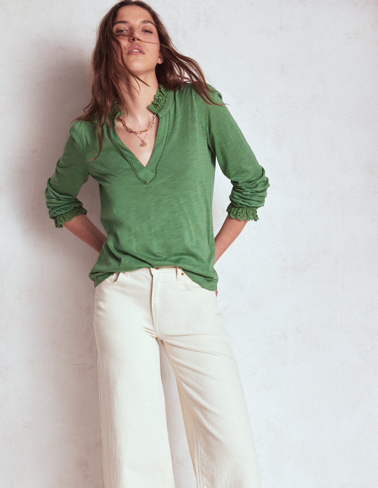 Aria Broderie Notch Neck Top-Newt Green