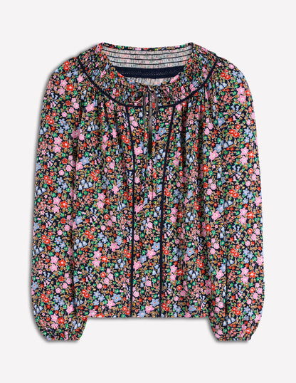 Georgia Smocked Jersey Top-Navy and Multi, Flowerbed
