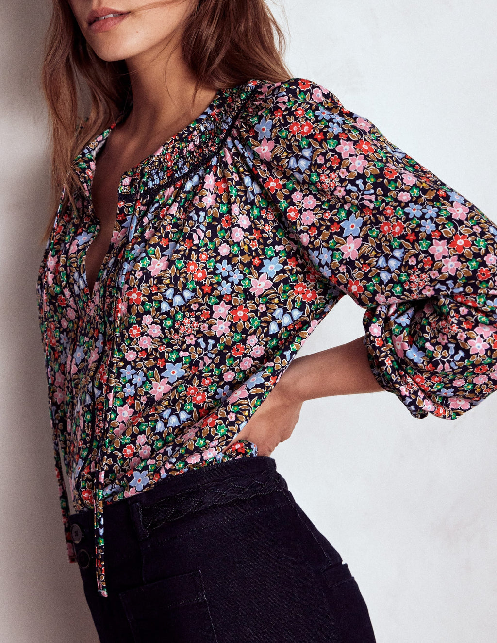 Georgia Smocked Jersey Top-Navy and Multi, Flowerbed