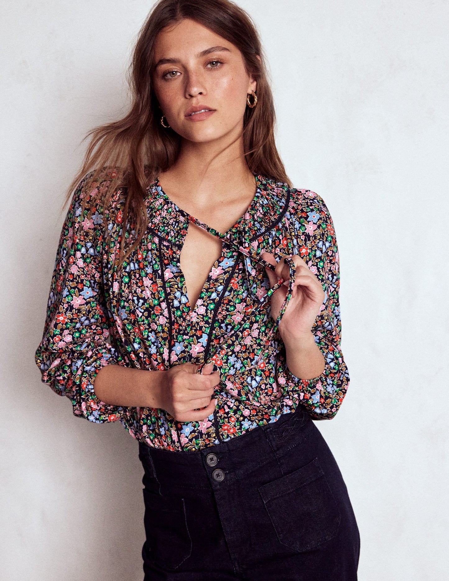 Georgia Smocked Jersey Top-Navy and Multi, Flowerbed