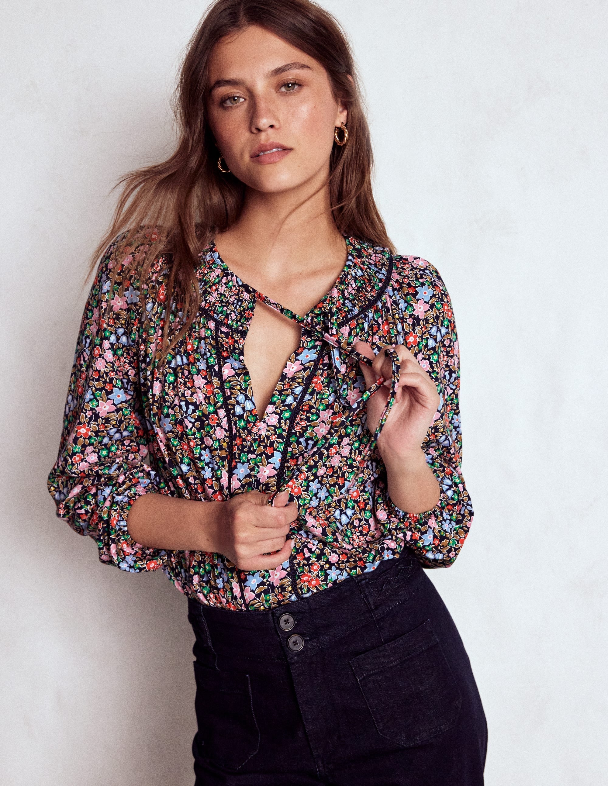 Georgia Smocked Jersey Top-Navy and Multi, Flowerbed