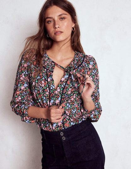 Georgia Smocked Jersey Top-Navy and Multi, Flowerbed