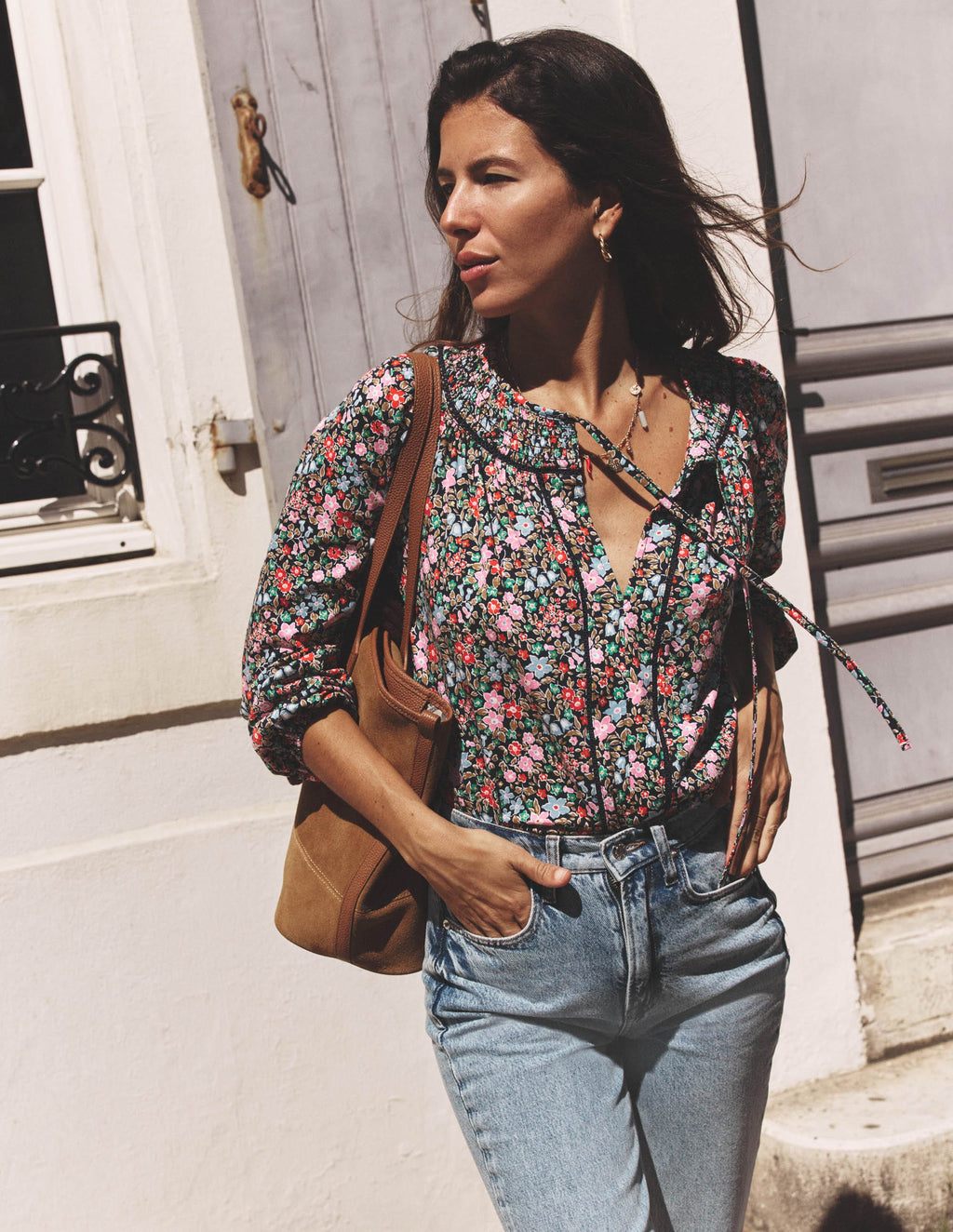 Georgia Smocked Jersey Top-Navy and Multi, Flowerbed