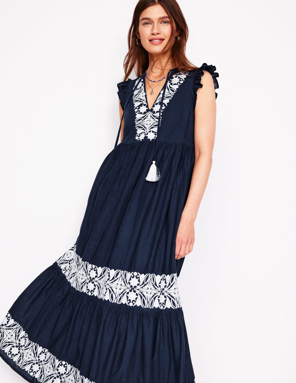 Tie Neck Tier Dress-Navy