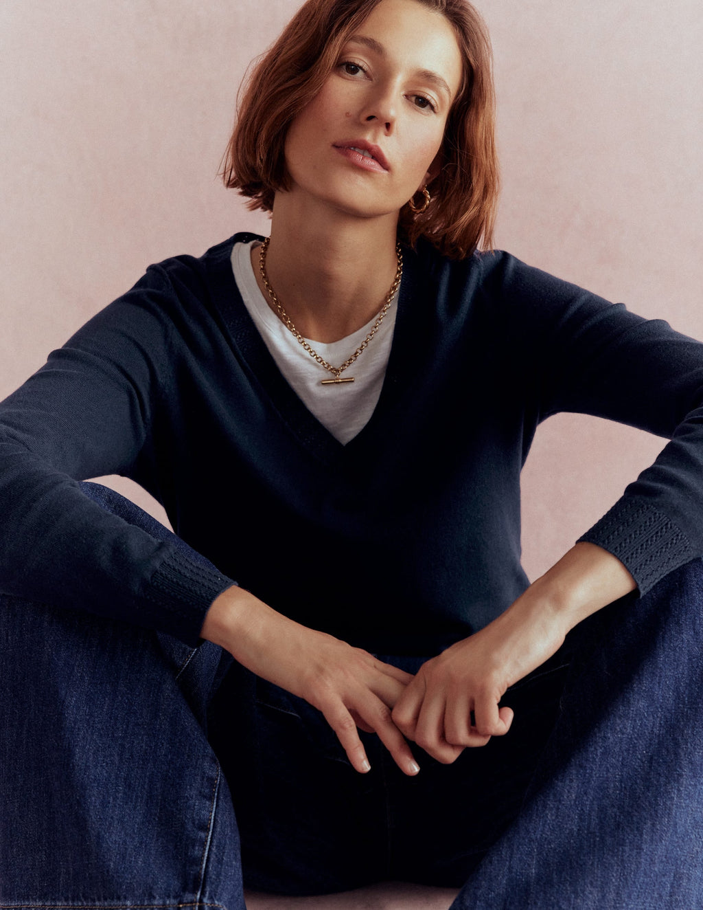 Emilia Cotton V Neck Sweater-Navy