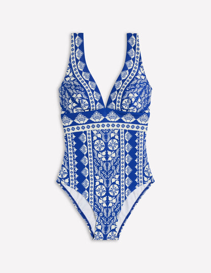 Porto V-neck Swimsuit-Bright Blue, Ornate Stripe