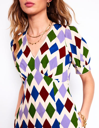 Rosie Godet Tea Dress-Multi, Diamond Stripe