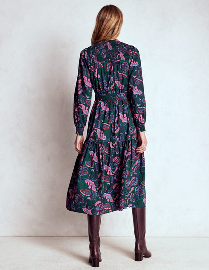 Cecily Cotton Midi Dress-Emerald Night, Ornate Meadow