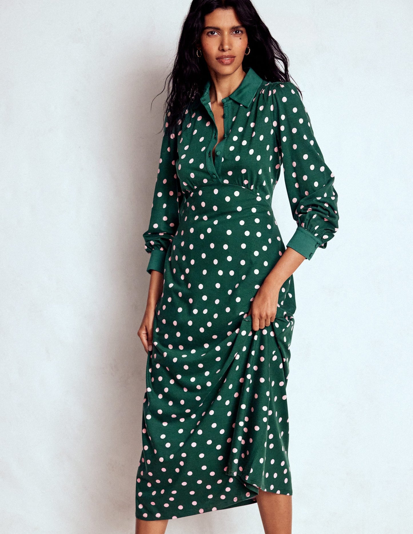 Empire Waistline Shirt Dress-Emerald Night, Painted Dot