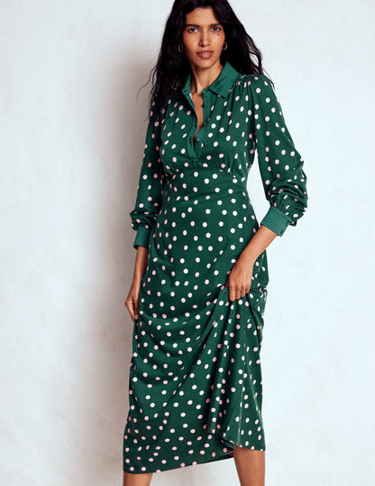 Empire Waistline Shirt Dress-Emerald Night, Painted Dot