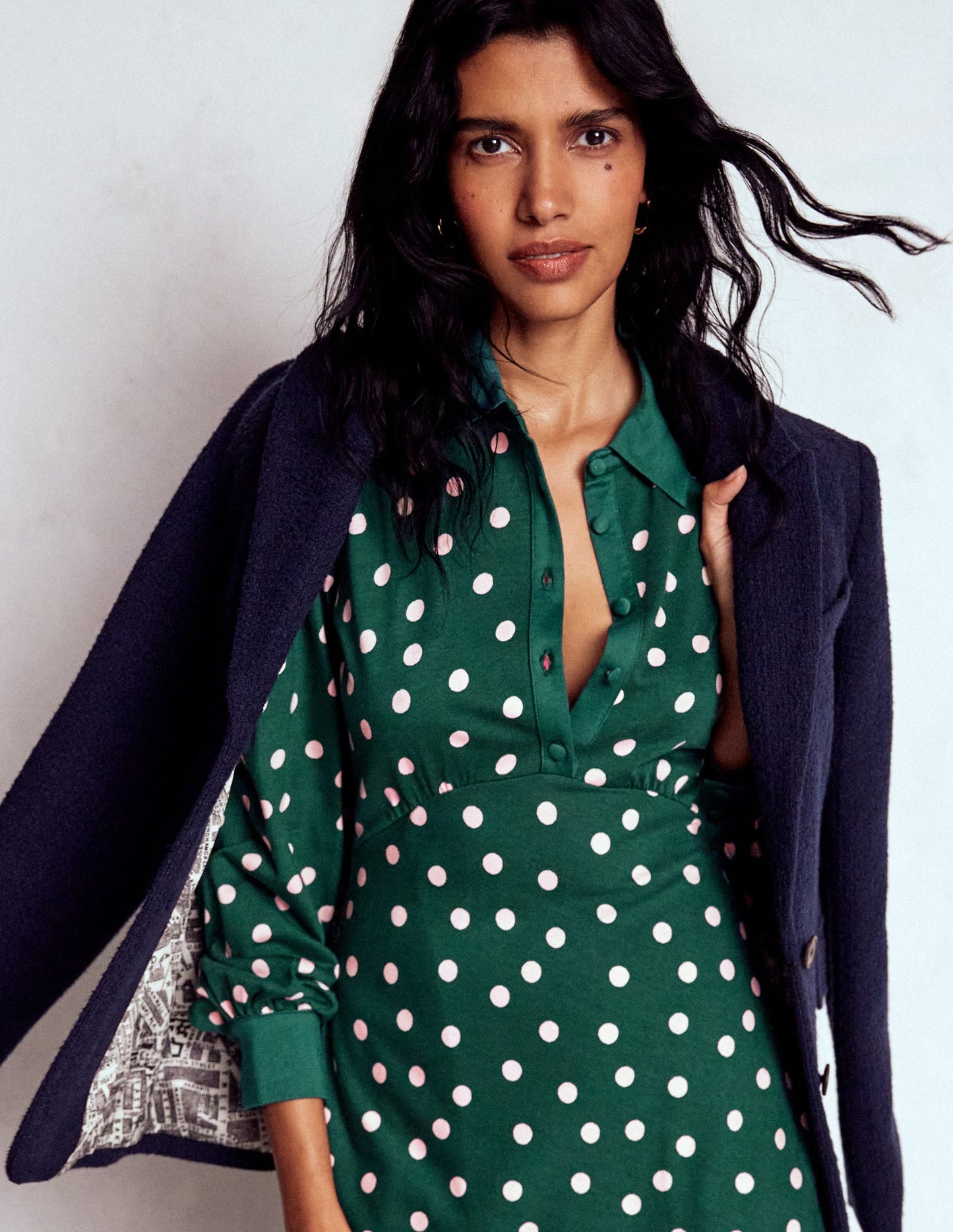 Empire Waistline Shirt Dress-Emerald Night, Painted Dot