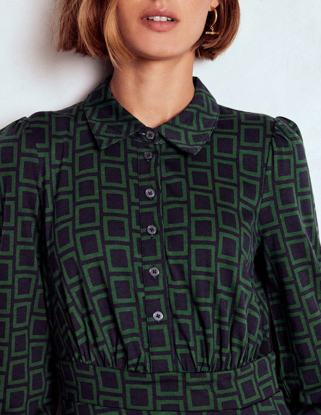 Orla Short Jersey Shirt Dress-Dark Green, Square Geometric