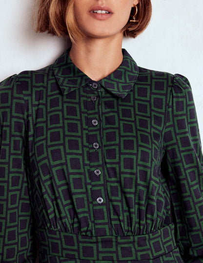 Orla Short Jersey Shirt Dress-Dark Green, Square Geometric
