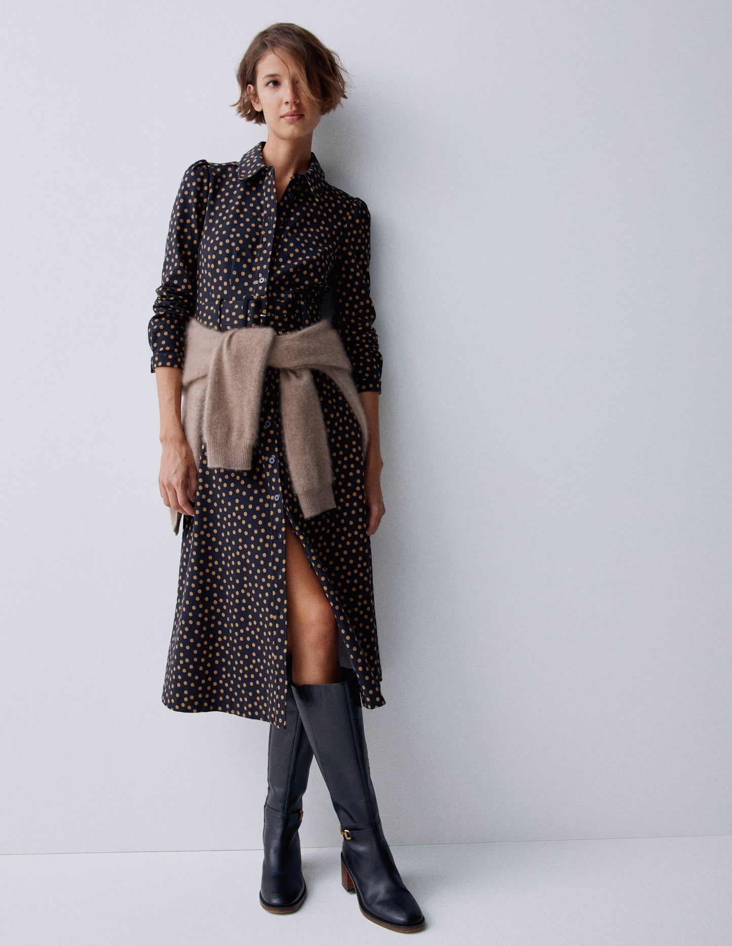 Anita Long Sleeve Shirt Dress-Black, Painted Dot