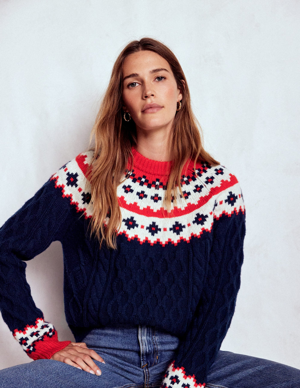 Eleanor Fair Isle Sweater-Navy Cable