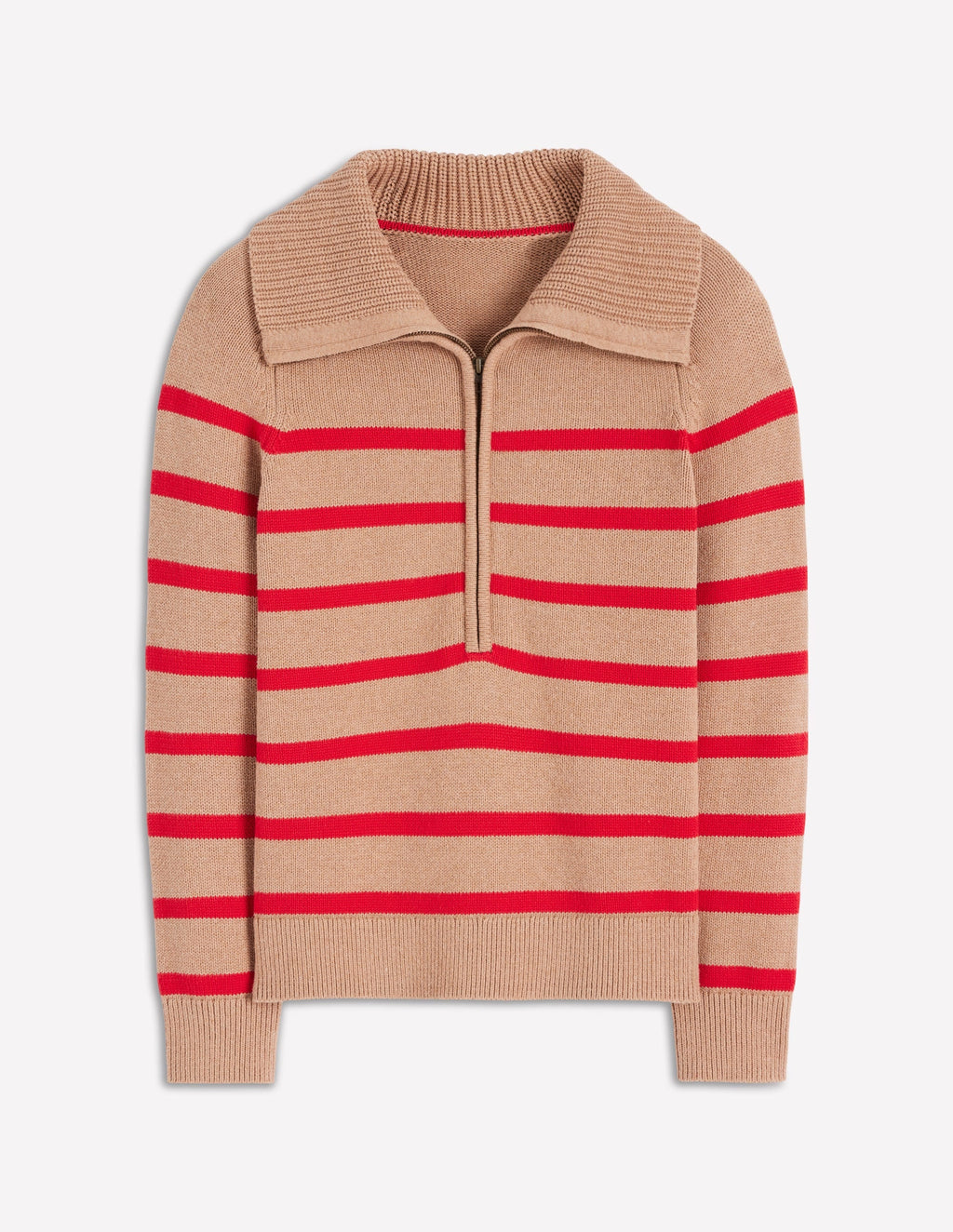 Lucy Half Zip Sweater-Camel Melange, Red Stripe