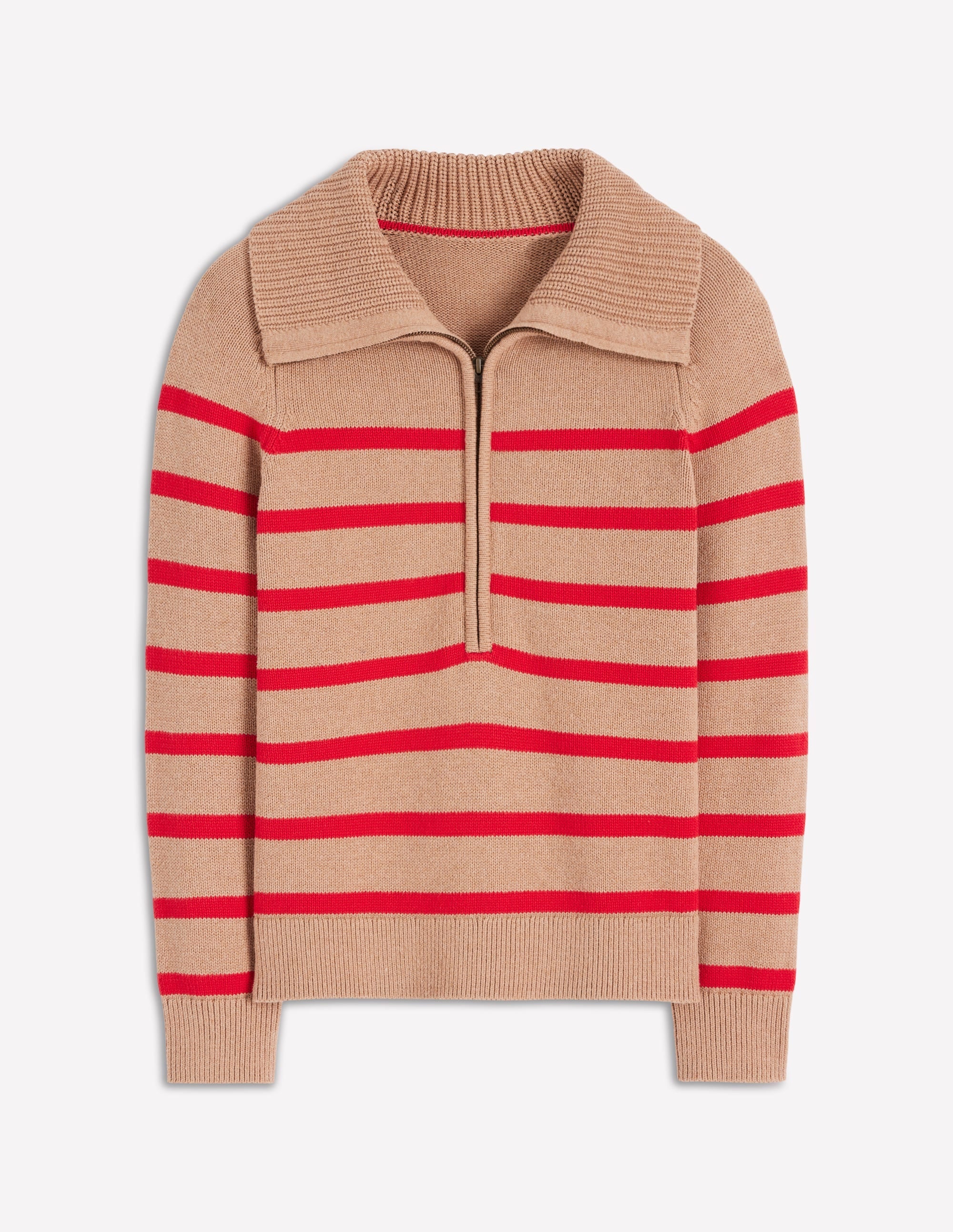 Lucy Half Zip Sweater-Camel Melange, Red Stripe