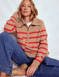 Lucy Half Zip Sweater-Camel Melange, Red Stripe