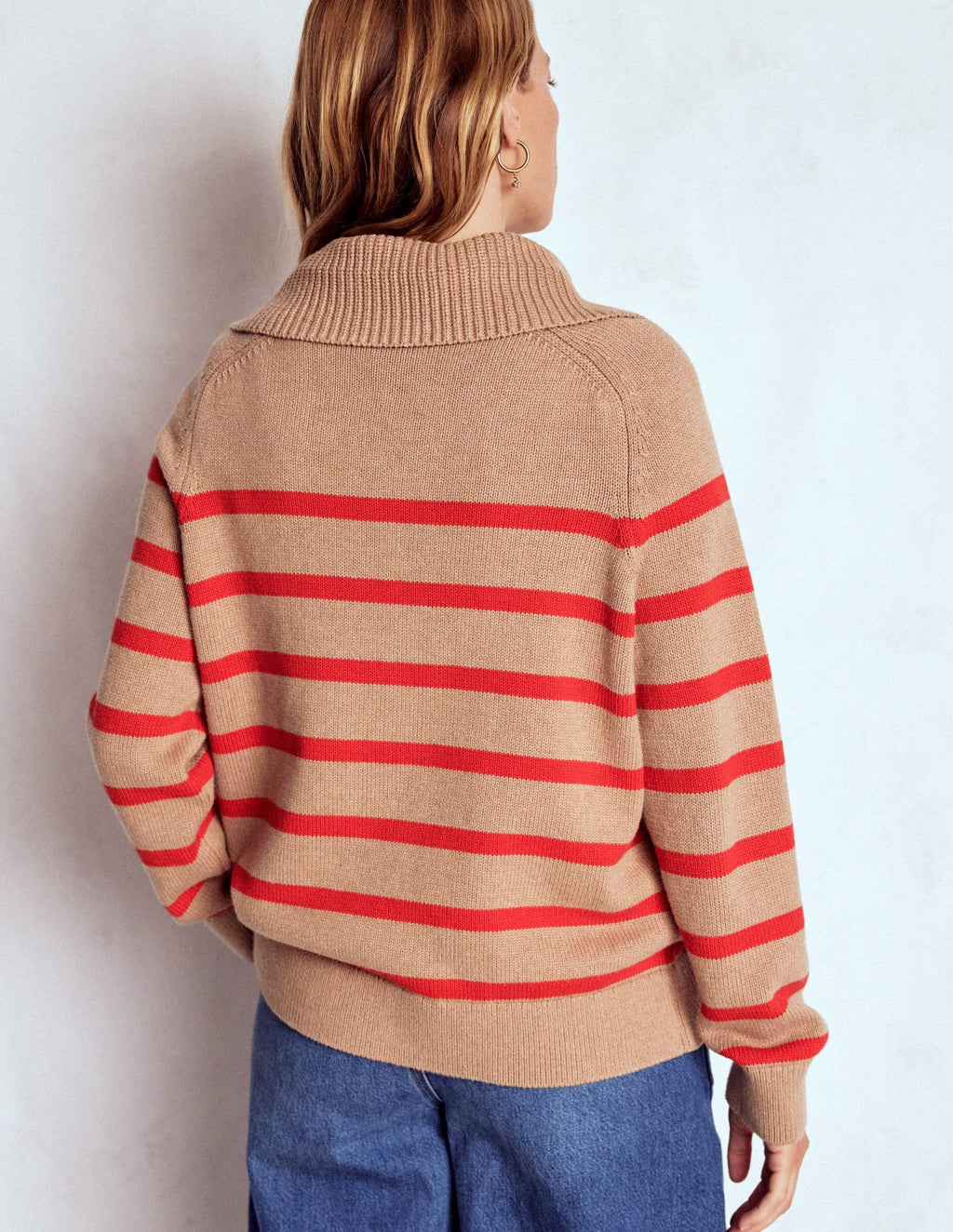 Lucy Half Zip Sweater-Camel Melange, Red Stripe