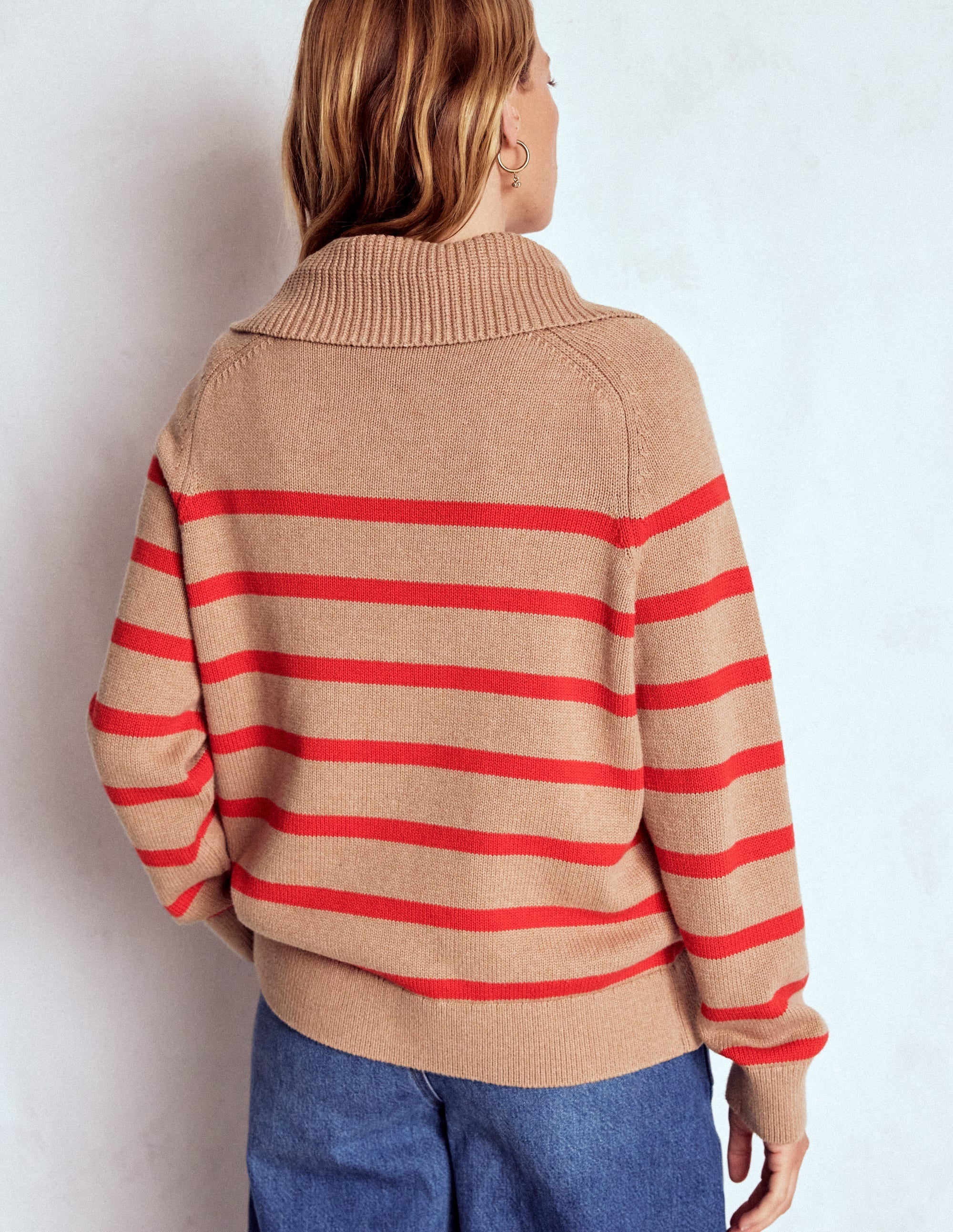 Lucy Half Zip Sweater-Camel Melange, Red Stripe