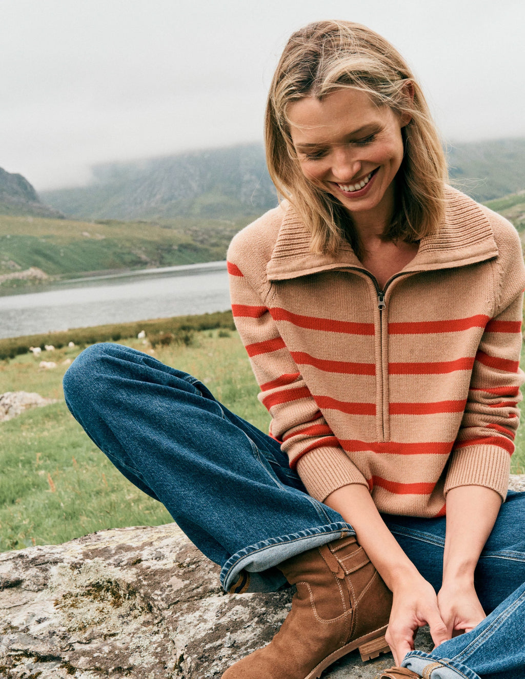 Lucy Half Zip Sweater-Camel Melange, Red Stripe