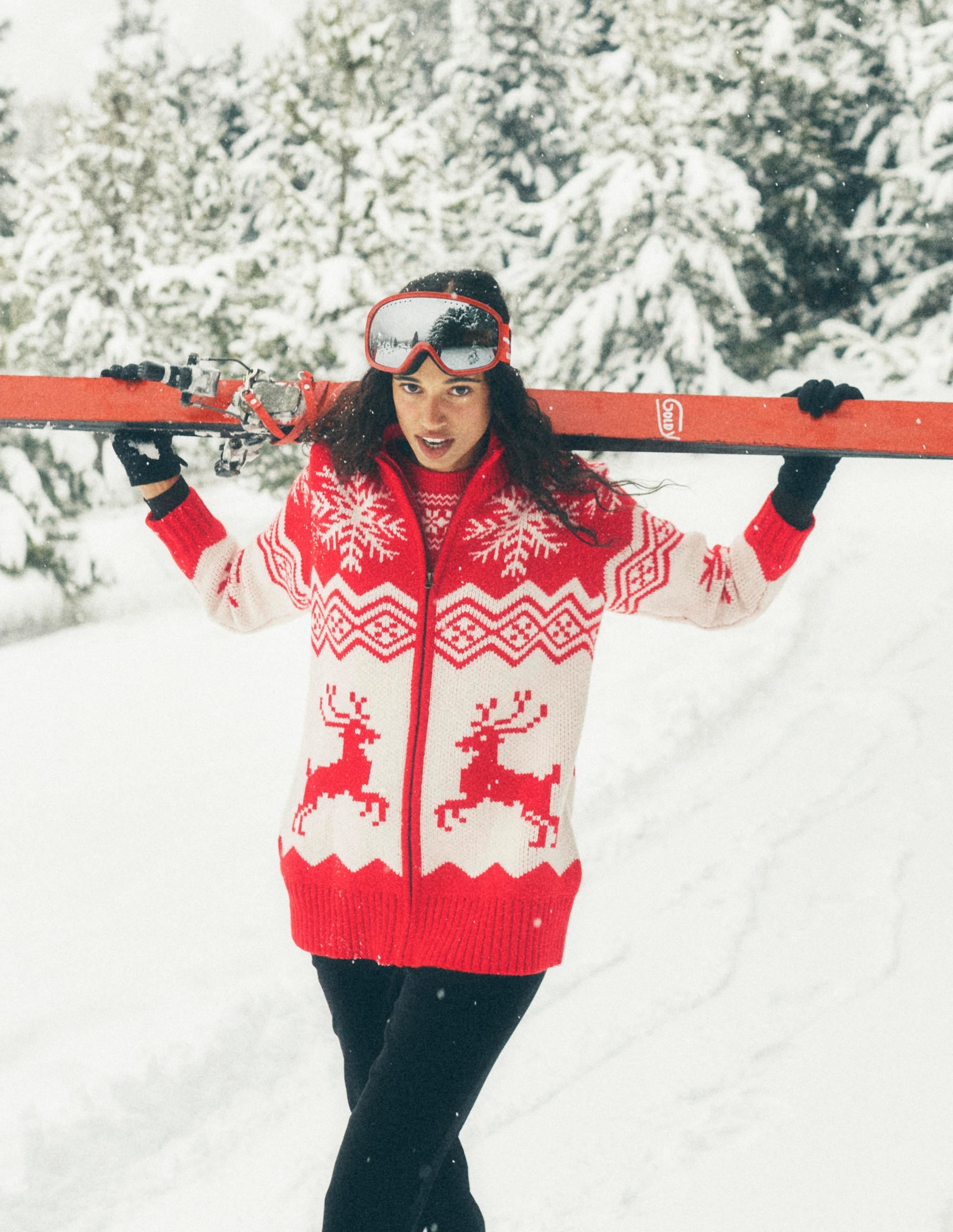 Zip Up Jacquard Cardigan-Poppy Red Reindeer