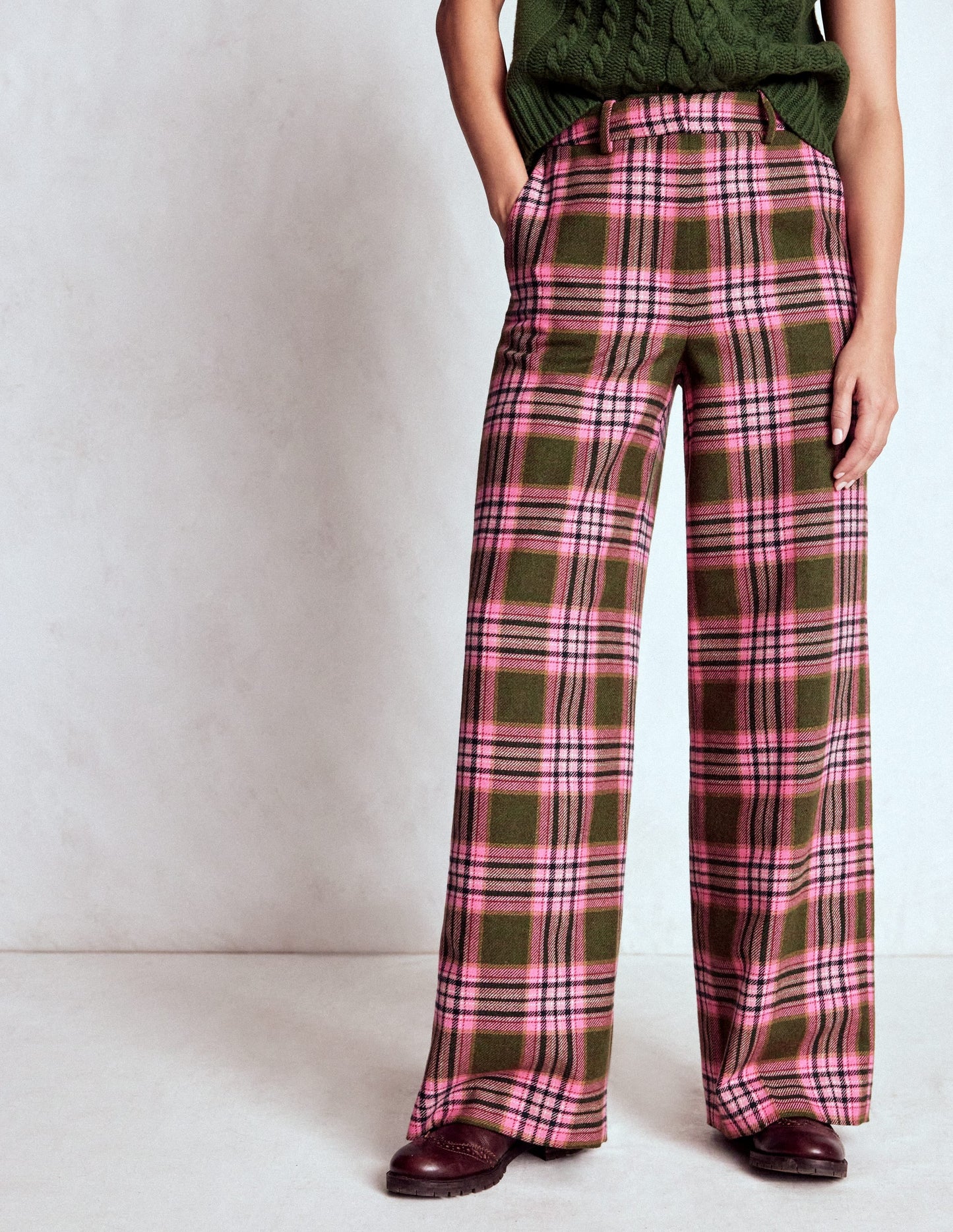 Belgravia Wool Blend Pants-Olive, Green and Pink Check