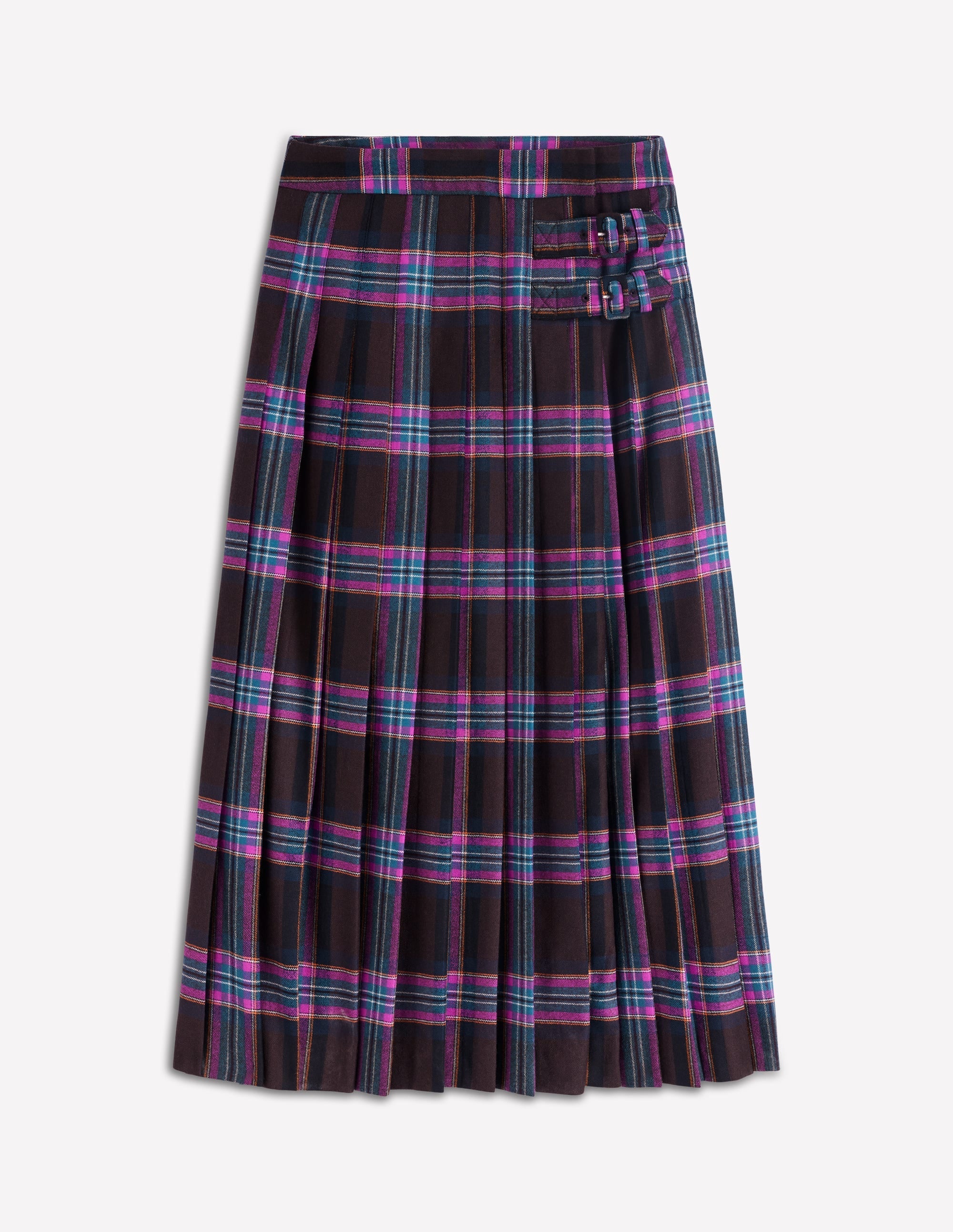 Josephine Wool Kilt Skirt-Brown, Teal & Pink Check