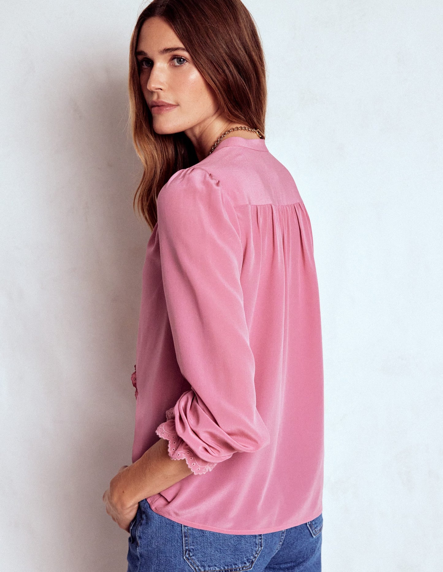 Alice Frill Front Silk Top-Pink Heather
