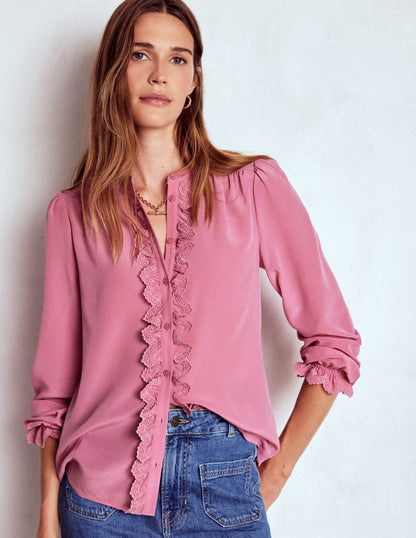 Alice Frill Front Silk Top-Pink Heather