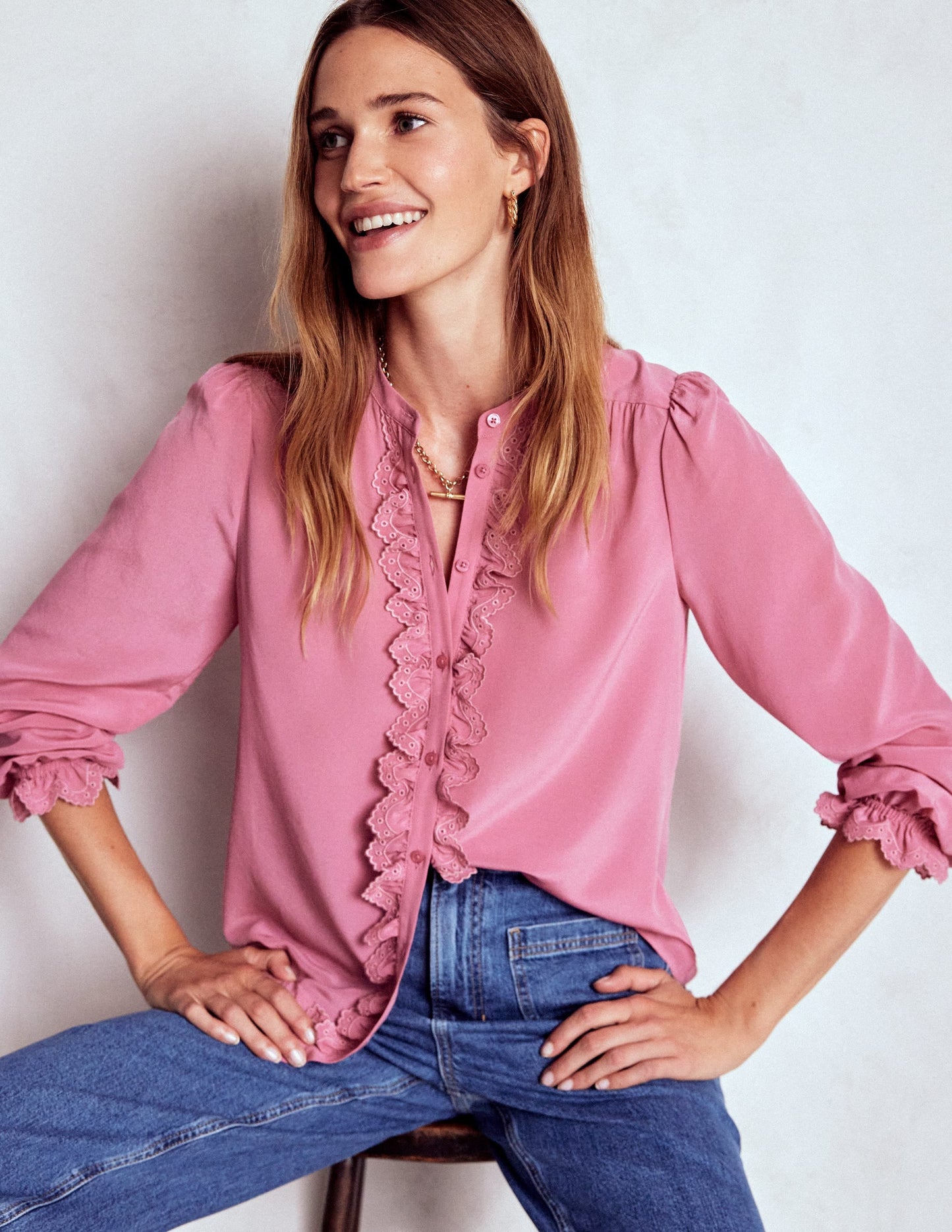 Alice Frill Front Silk Top-Pink Heather
