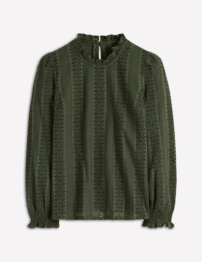 Frill Detail Broderie Top-Forest Glade