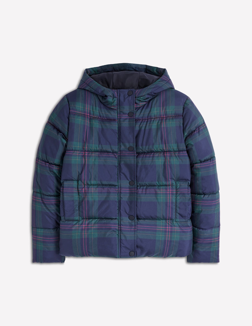 Padded Puffer Coat-Navy & Green Tonal Check
