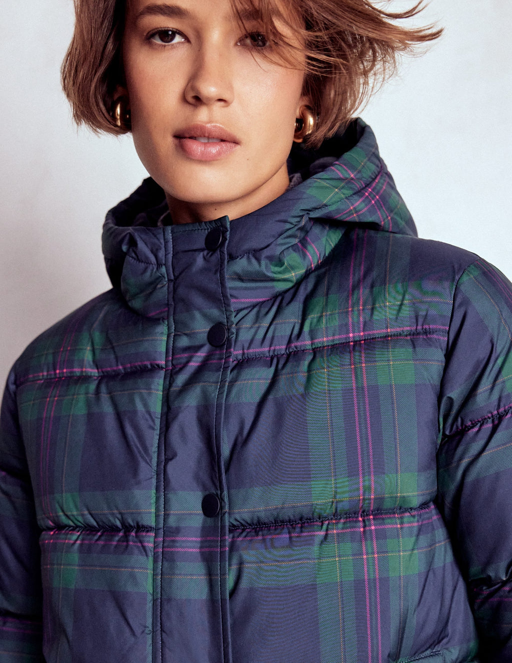 Padded Puffer Coat-Navy & Green Tonal Check